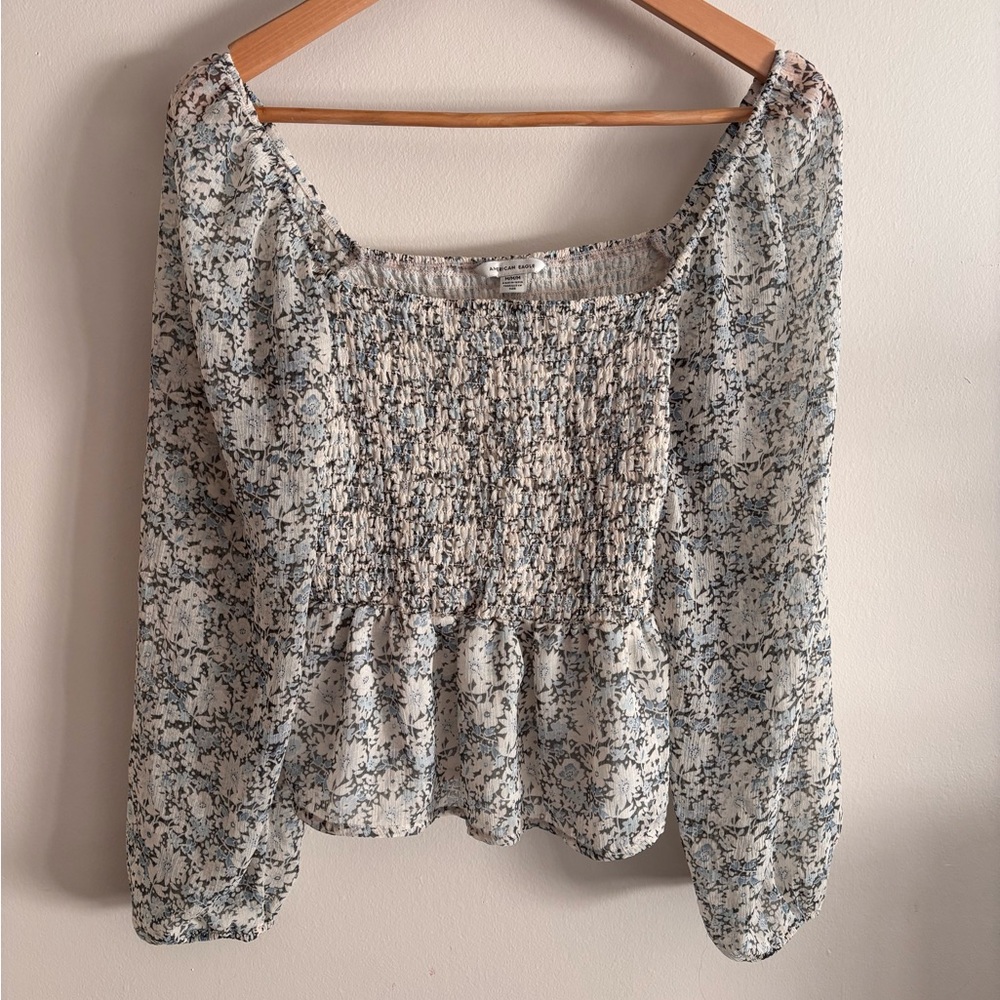 American Eagle Outfitters Floral Smocked Blouse - Blue and White